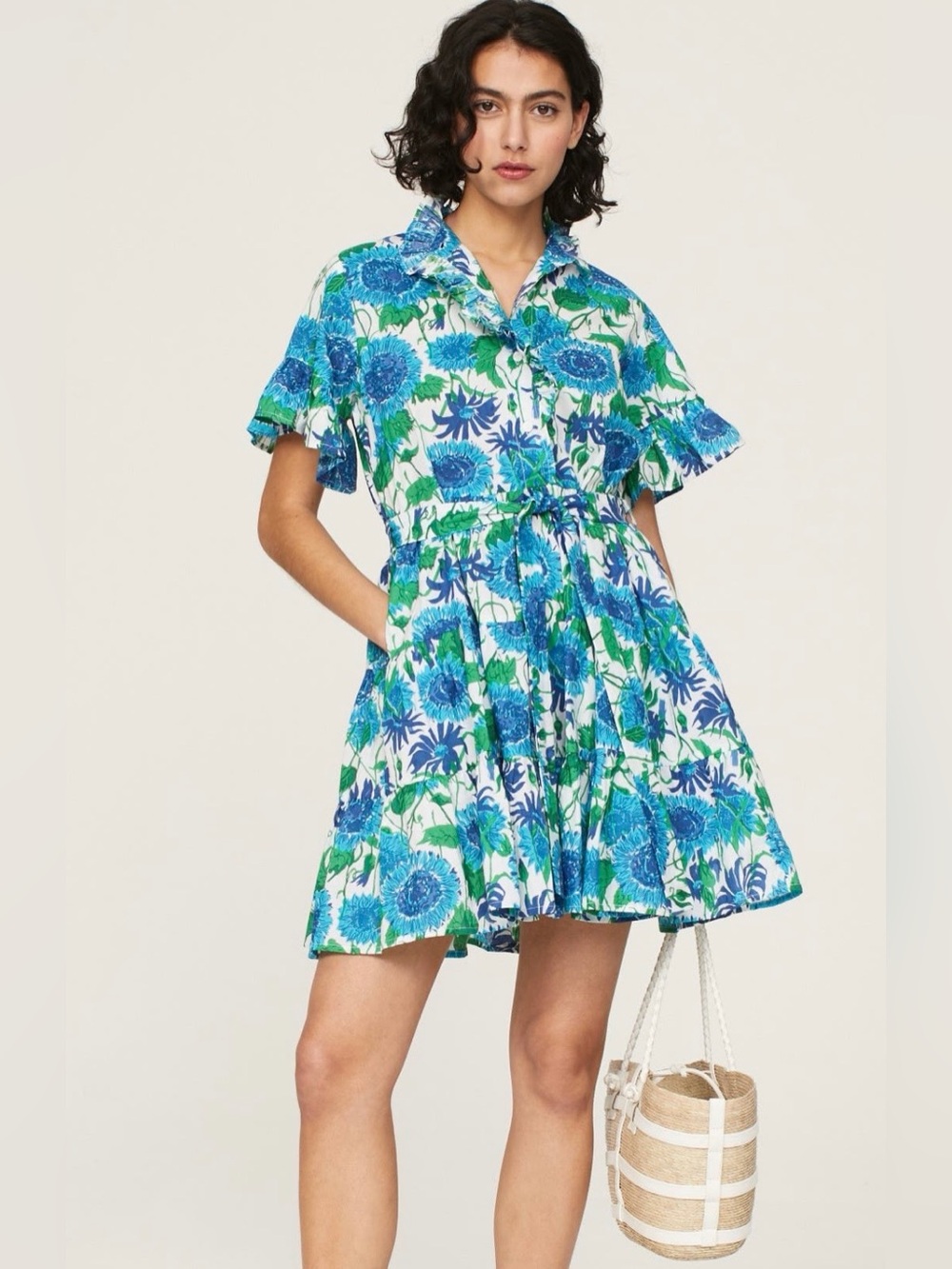 Mille~Blue & Green Floral Tie-Waist Violetta Mini Dress~Size Small~$258~
